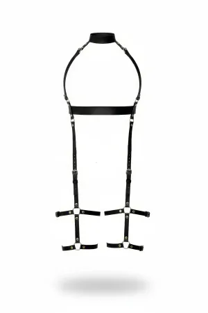 Black Faux Leather Body Harness with High Choker, Wide Chest Band, and Thigh Cages, Silver Hardware