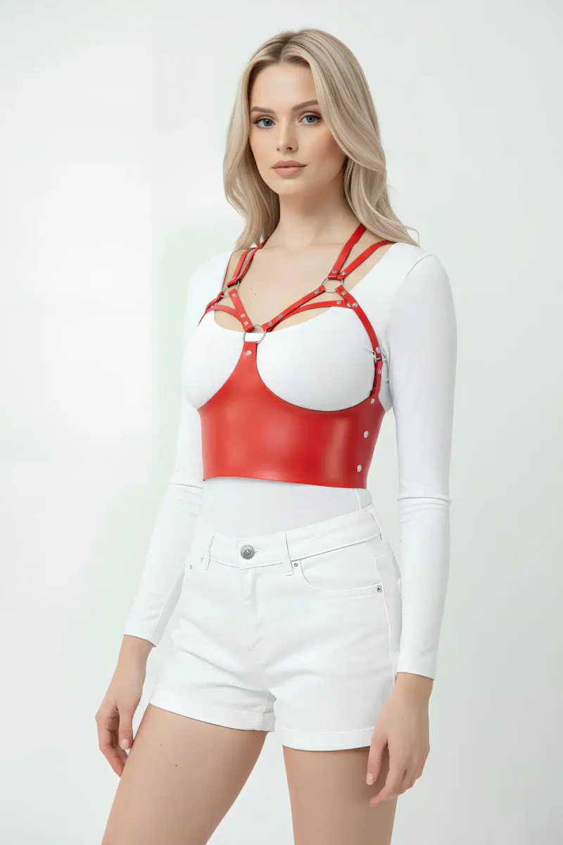 Red Faux Leather Panel Chest Harness with Silver O-Rings