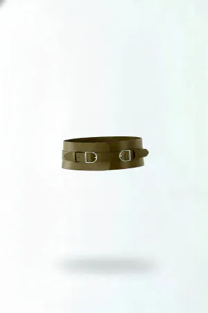 Khaki Faux Leather Wide Waist Cinch Harness with Dual D-Ring Buckles