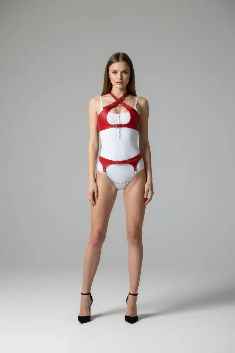 Red Faux Leather Chest Harness and Garter Belt Set worn by model