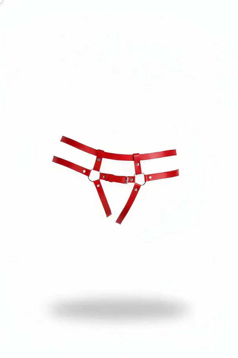 Red Faux Leather Garter Belt Thong with O-Ring Details