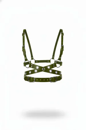 Olive Green Faux Leather Caged Chest Harness with Silver Eyelets