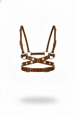 Tan Faux Leather Chest Harness Criss-Cross Front Silver Eyelets