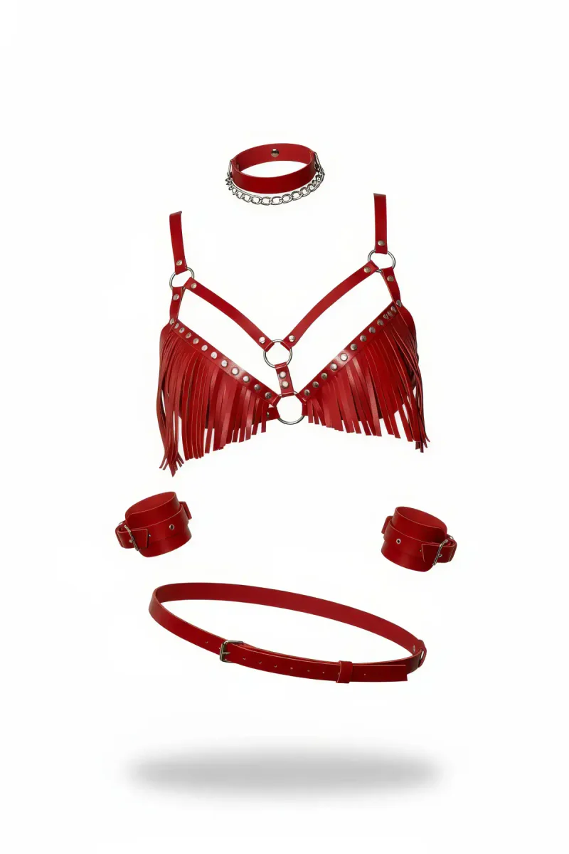 Red Fringed Harness Bra Set Vegan Leather with Choker Cuffs and Belt