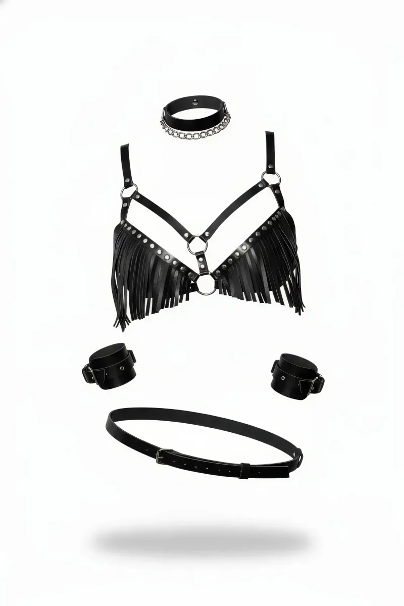 Black Fringe Harness Bralette Set with Choker Cuffs and Waist Belt