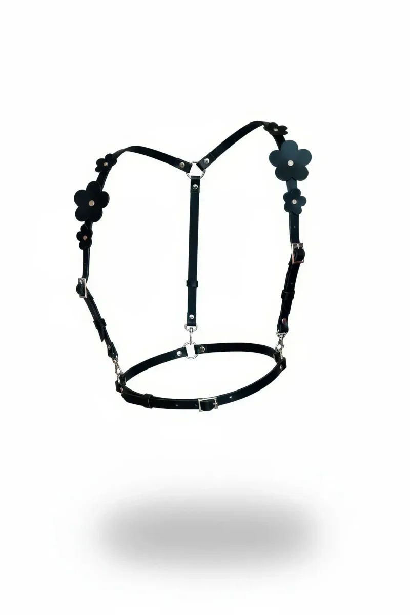 Black Floral Applique Faux Leather Shoulder Body Harness Women Silver Hardware