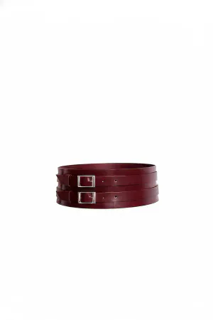 Burgundy Faux Leather Double Buckle Waist Harness Belt Wide Band