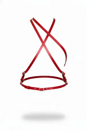 Red Faux Leather Chest Harness X-Back Adjustable Straps Silver Buckles