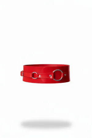Red Faux Leather Wide Waist Harness Belt with Silver O-Ring Details and Adjustable Buckle Closure