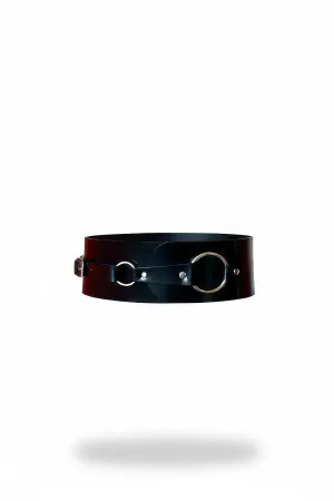 Black Faux Leather Waspie Belt with prominent silver O-rings for women