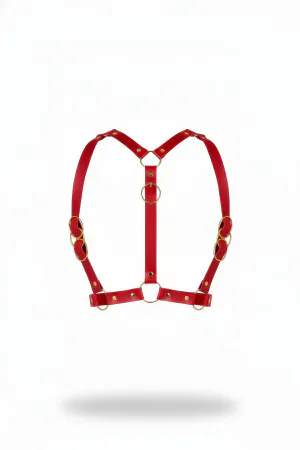 Red Faux Leather Chest Harness Gold O-Rings Adjustable Straps