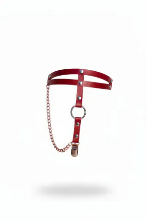 Red Faux Leather Garter Harness with Silver O-Ring and Detachable Chain Clip