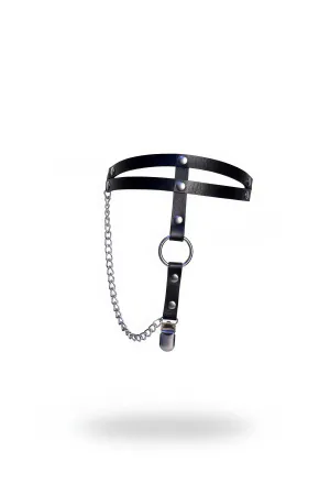 Black Faux Leather Leg Garter Harness Double Band O-Ring Detail with Detachable Silver Chain