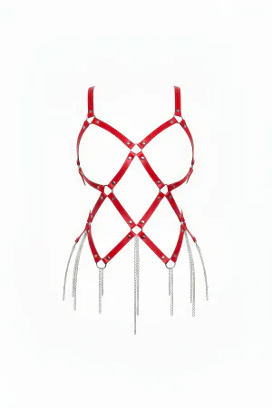 Red Body Harness for Women - Faux Leather Adjustable with Chains