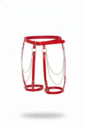 Red Garter Harness with Chain Detail and Faux Leather Buckle - APFT958