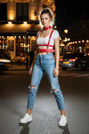 Red Women's Belt Leather Body Accessory Buckle Vest - APFT959