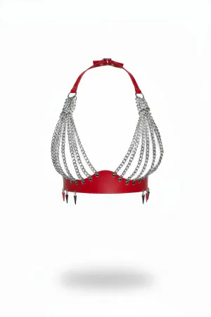 Red Chest Harness Chain Detailed Faux Leather Bralette - APFT964