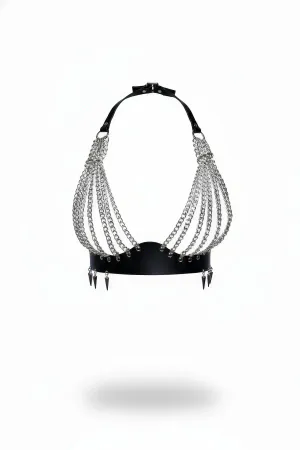 Black Chest Harness Chain Detailed Studded Leather Body Accessory - APFT964