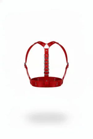 Red Faux Leather Underbust Harness Women Stacked Silver O-Ring Detail