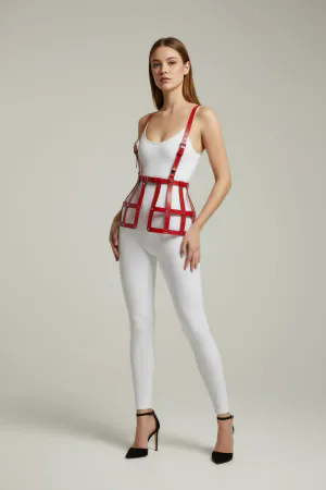 Red Skirt Leather Cage Detailed Skirt High Waist Skirt Corset - APFT983