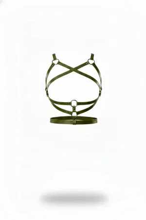 Olive Green Faux Leather Cross-Strap Chest Harness with O-Rings