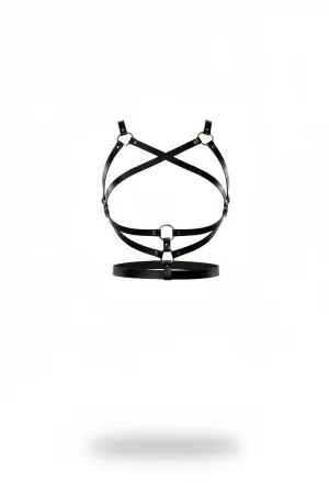 Black Faux Leather Criss-Cross Chest Harness with Integrated Wide Waist Belt and Silver O-Rings