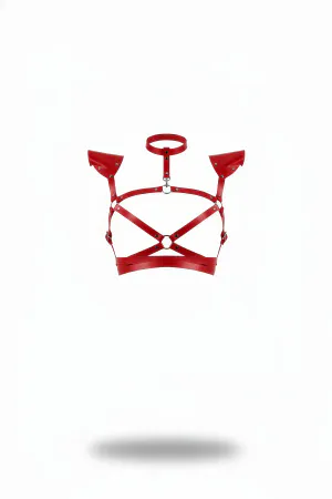 Red Faux Leather Chest Harness Winged Shoulders Choker Straps Silver O-Rings