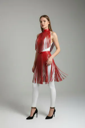 Red Skirt Tasseled Faux Leather Skirt High Waist Skirt - APFT997