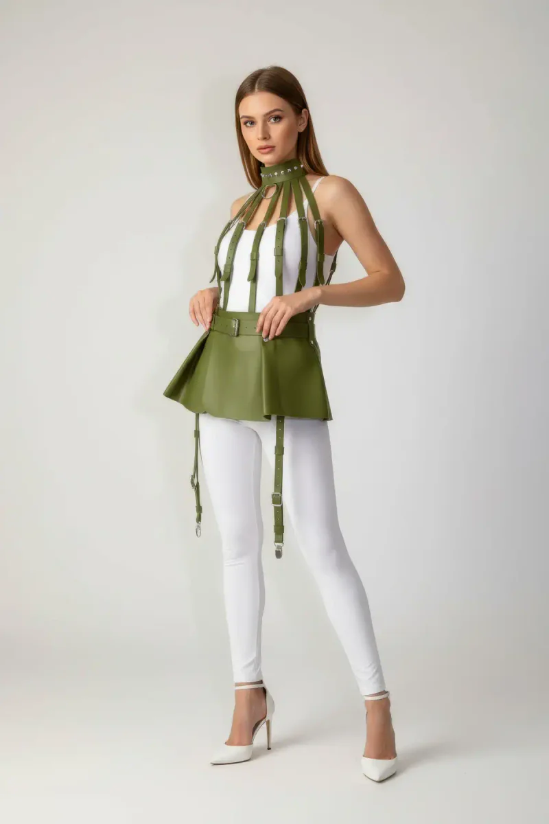 Khaki Skirt Faux Leather Skirt Peplum High Waist Skirt - APFT998