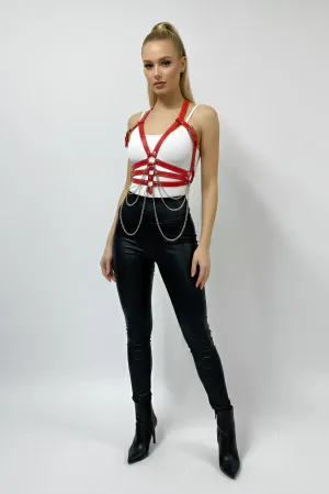 Red Women's Belt Chain Detailed Faux Leather Body Belt - APFT9