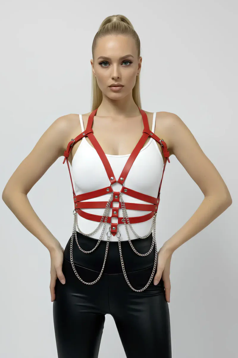 Red Women's Belt Chain Detailed Faux Leather Body Belt - APFT9