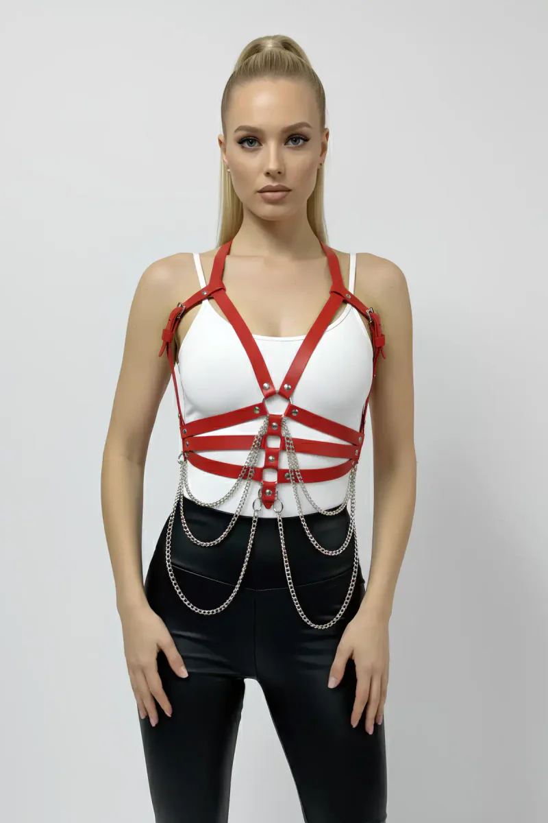 Red Women's Belt Chain Detailed Faux Leather Body Belt - APFT9
