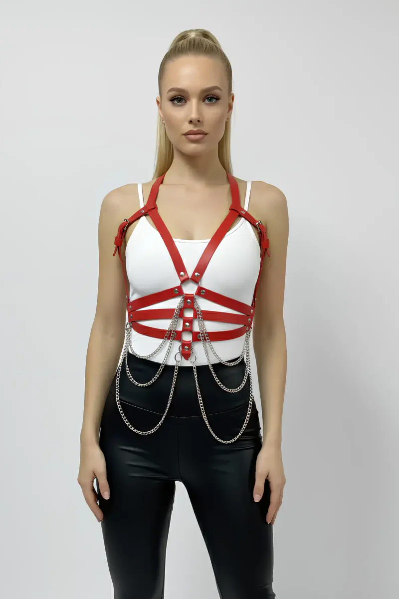 Red Women's Belt Chain Detailed Faux Leather Body Belt - APFT9