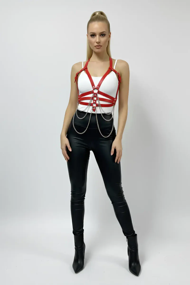 Red Women's Belt Chain Detailed Faux Leather Body Belt - APFT9