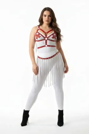 Plus Size White Skirt Leather Body Accessory with Chain Detail - APFT496