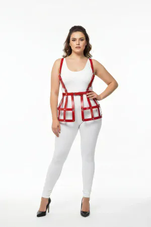 Plus Size Red Leather Skirt Harness Detailed Fantasy Body Accessory - APFT983