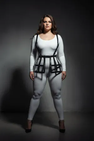 Plus Size Black Skirt with Leather Harness Cage Detail - APFT983