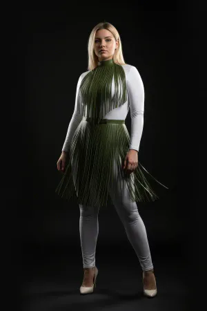 Plus Size Khaki Leather Long Skirt with Tassel Detail - APFT997