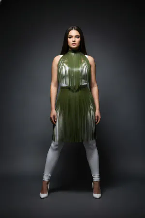 Plus Size Khaki Leather Long Skirt with Tassel Detail - APFT997