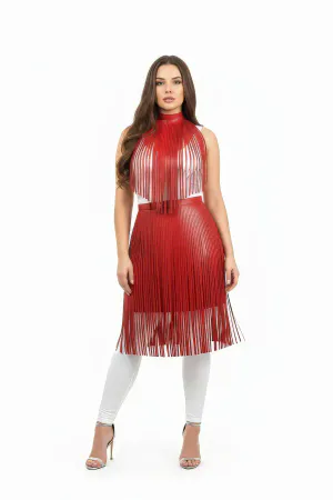 Plus Size Red Leather Skirt High Waist Tassel Detailed - APFT997