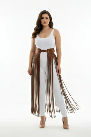 Plus Size Brown Skirt with Long Tassels Leather Accessory - APFT1003