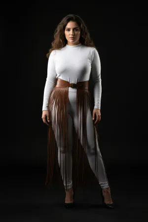 Plus Size Brown Skirt with Long Tassels Leather Accessory - APFT1003