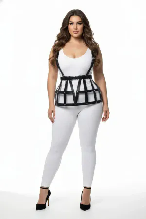 Plus Size Black Leather Skirt with Cage Detail Harness Accessory - APFT1252