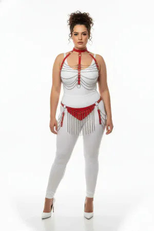 Plus Size Red Women's Leather Harness Suit Chain Detailed Fancy Accessory - APFT328