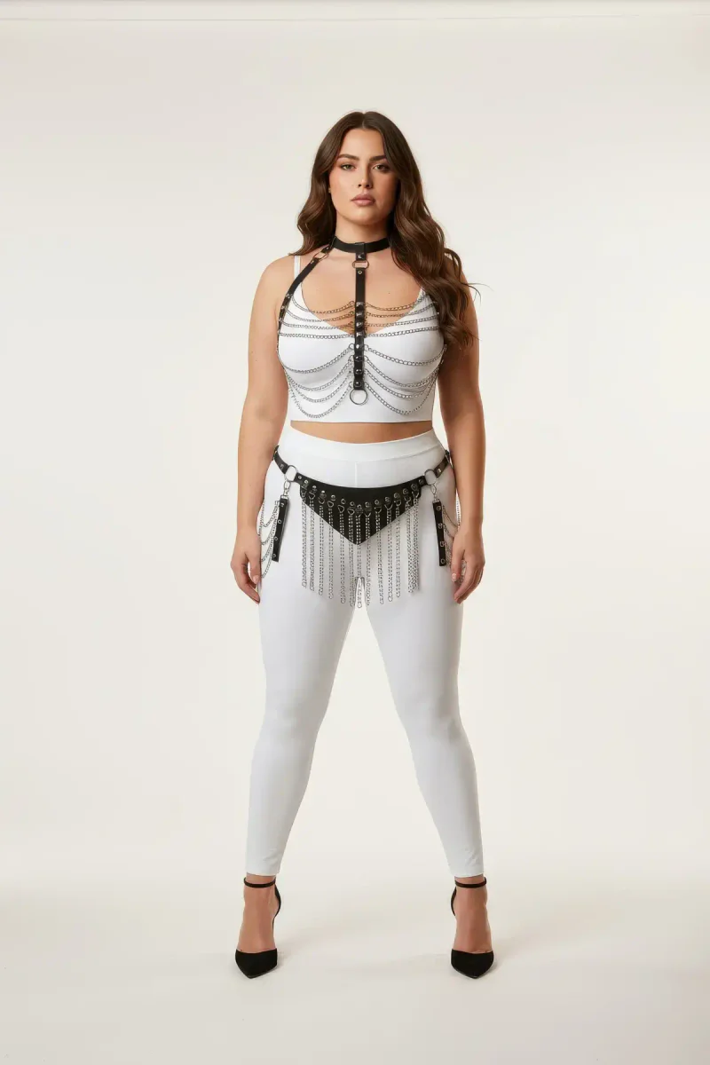 Black Faux Leather Chain Harness Set Women Fringe Belt