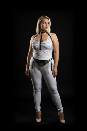 Plus Size Black Women's Harness Suit with Chain and Tassel Detail Leather Fancy Accessory - APFT328