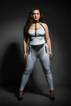 Plus Size Black Women's Harness Suit with Chain and Tassel Detail Leather Fancy Accessory - APFT328