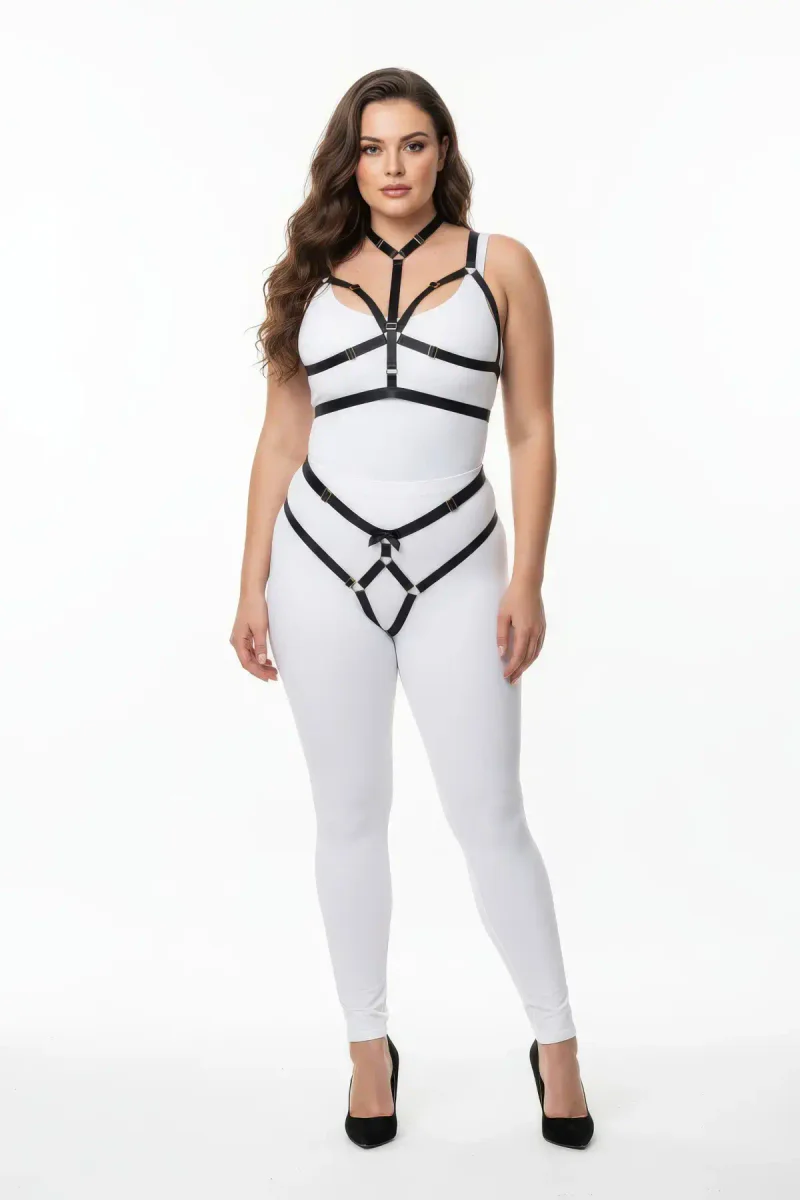 Black vegan leather body harness front