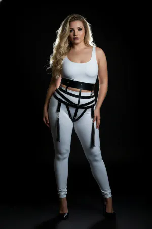 Plus Size Black Women's Leather Harness Suit with Garter and Tassel Detail - APFT397