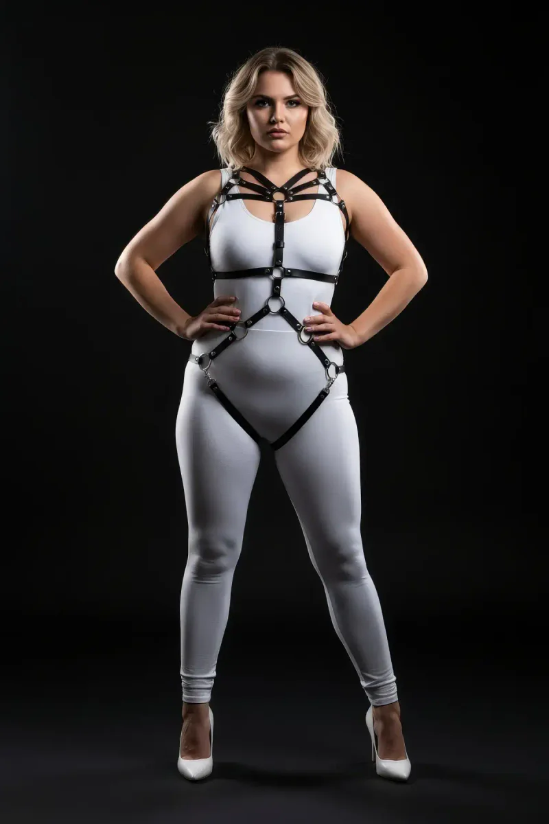 Black faux leather full body harness O-ring detail front view XS-7XL adjustable